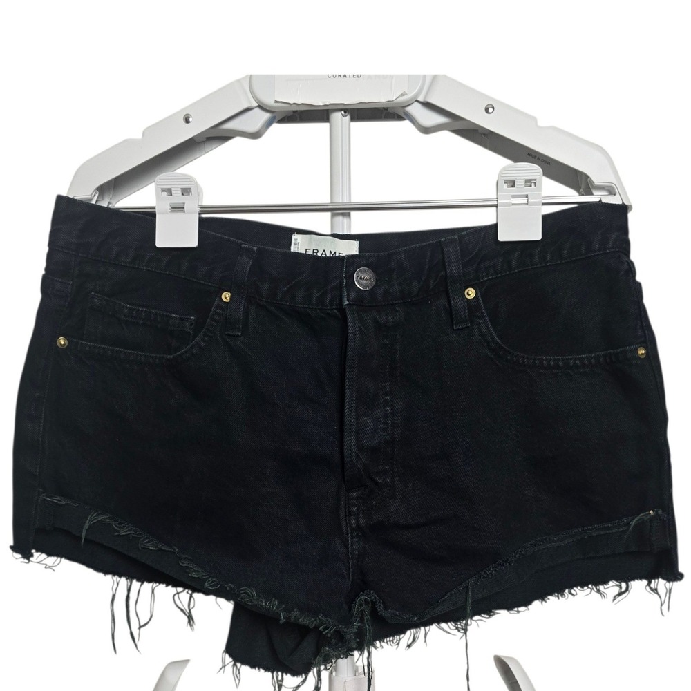 FRAME Le Cutoff Frayed Denim Shorts Size 29 Adrift Black Button Fly Raw Hem